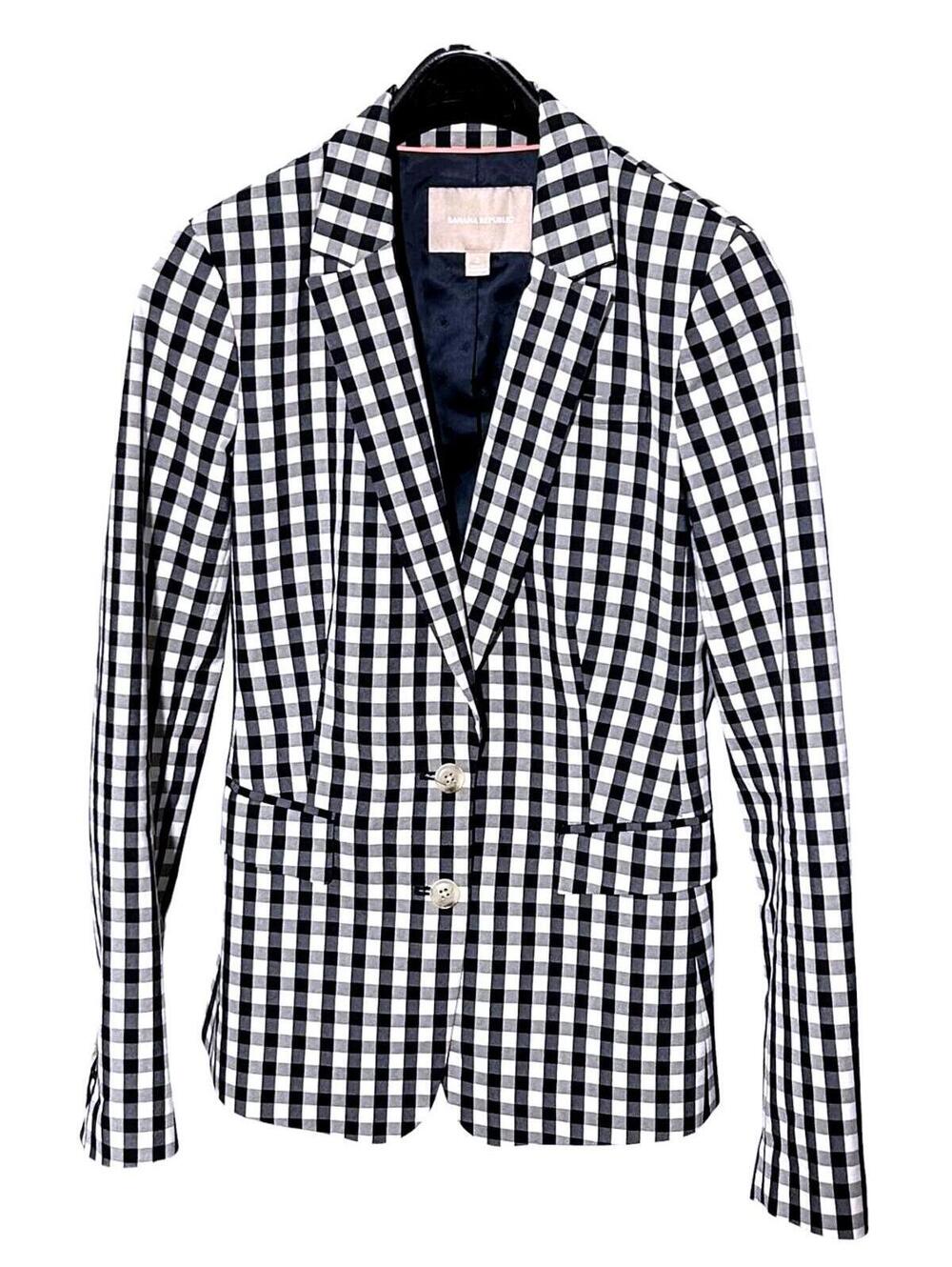 BANANA REPUBLIC Womens 2 White/Black Gingham Plaid Cotton-Stretch Career Blazer
